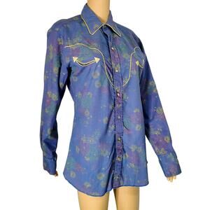 80s Purple Floral Metallic Gold Western Pearl Snap Button Shirt H Bar C SZ 15.5